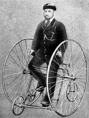 James Starley on his 'Salvo' tricycle, the first machine to which his differential gear was fitted, 1877.