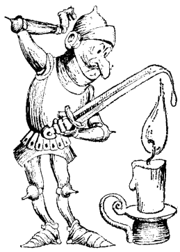 Cartoon of a knight in armour holding his sword in a candle flame. The sword tip is melting and drooping in the small flame.