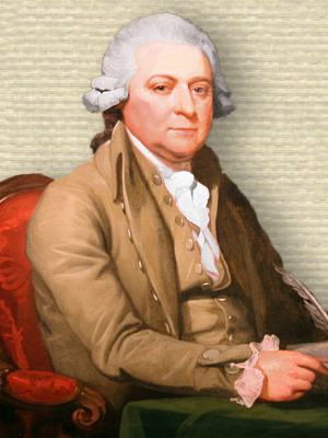 Painting of John Adams, seated behind table foreground hand on table holding papers, upper body, facing forward