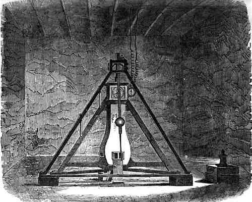 Engraving showing a large A-frame supporting a pendulum in sightline with a clock behind it, with wires on ceiling and lantern