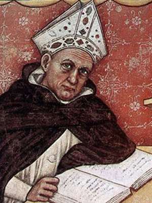 Fresco visualization of Albertus Magnus, upper body, seated with book. Fresco after death