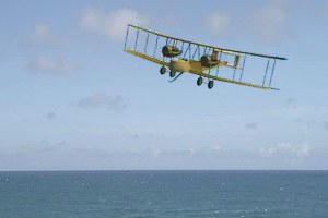 Simulation of Alcock and Brown airplane flying over ocean