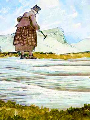 Watercolour portrait of Mary Anning, viewed from the back, holding her pick, looking down at a rock outcrop surrounded by grass.