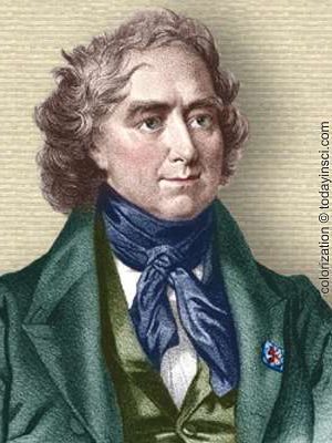 Engraving of François Arago - head and shoulders - colorization © todayinsci.com