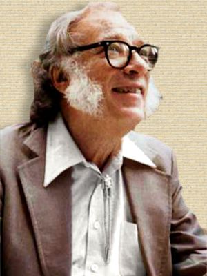 Photo Isaac Asimov, upper body front, face turned up to R. Original b/w colorized with help of palette.fm