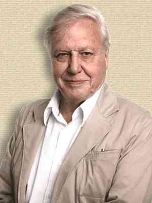 Book cover photo of David Attenborough, old age, standing, tan summer jacket, upper body, facing front