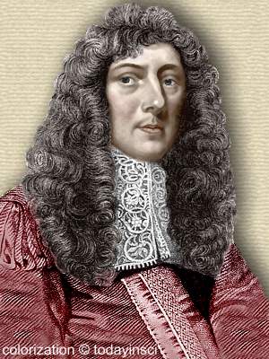 John Aubrey - head and shoulders - book engraving colorization © todayinsci.com