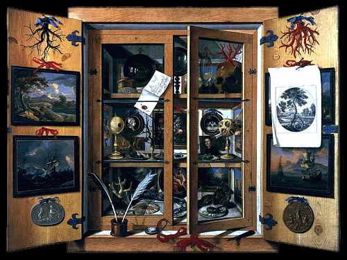 Photo of a very realistic painting portraying a cabinet of curiosities