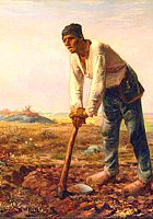 Detail of Millet painting, Man With a Hoe, Man resting, bent down leaning on handle of hoe, as he digs a furrow in a field