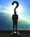 Thumbnail photo of man silhouetted by open sky, with question mark over his head. The head forms the dot of the mark.