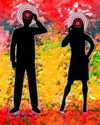 Migraine graphic silhouettes of man and woman with hands on  head