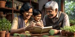 Image of Indian grandparents book to grandson illustrated by plants in pots on a table at home