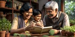 Grandparents and grandson looking at science together at home