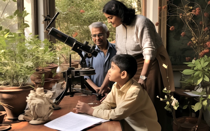 Image of Indian grandparents showing grandson plants in pots on a table with an antiquated telescope in a window alcove