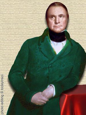 Portrait of Charles Babbage, leaning with elbow on side table, upper body, facing forward. photo editing © todayinsci.com