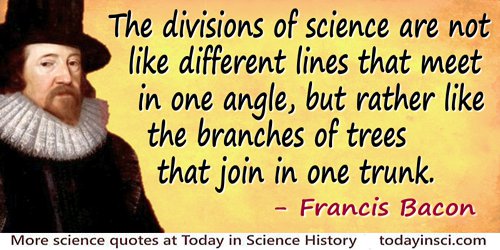 Francis Bacon quote: The divisions of science are not like different lines that meet in one angle, but rather like the branches 