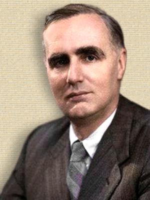 Photo of Edward Crisp Bullard, head and shoulders, facing front. Colorized from original b/w helped by palette.fm