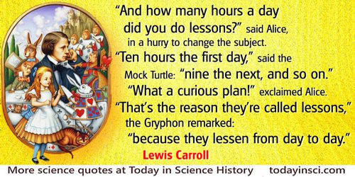 Lewis Carroll quote: “And how many hours a day did you do lessons?” said Alice, in a hurry to change the subject.“Ten hours the 