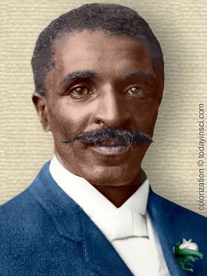 Photo of George Washington Carver, middle age, head & shoulders, facing forward, colorization © todayinsci.com