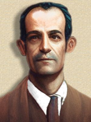 Artistic impression of Cela in his 40s, originated by A.I. software to give a color picture, head and shoulders, facing front