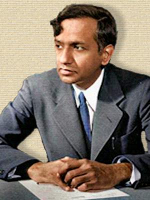 Colorized photo of Subrahmanyan Chandrasekhar. Upper body, head facing half-left. Credit palette.fm for colorization help