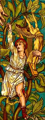 Illustration of Jack climbing down the beanstalk with the singing harp