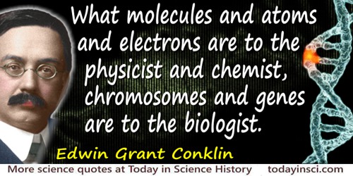 Edwin Grant Conklin quote: What molecules and atoms and electrons are to the physicist and chemist, chromosomes and genes are to