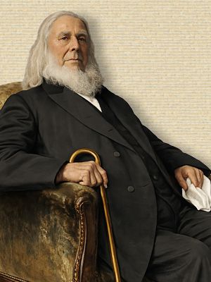 Frontispiece Peter Cooper, old age, 3/4 body, seated with cane, facing right. Orig b/w colorized with A.I. ChatGTP (260419)