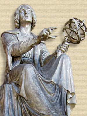 Statue of Nicolaus Copernicus, full body, seated facing forward, eyes uplifted left looking away from armillary sphere