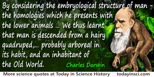 Charles Darwin quote: By considering the embryological structure of man - the homologies which he presents with the lower animal