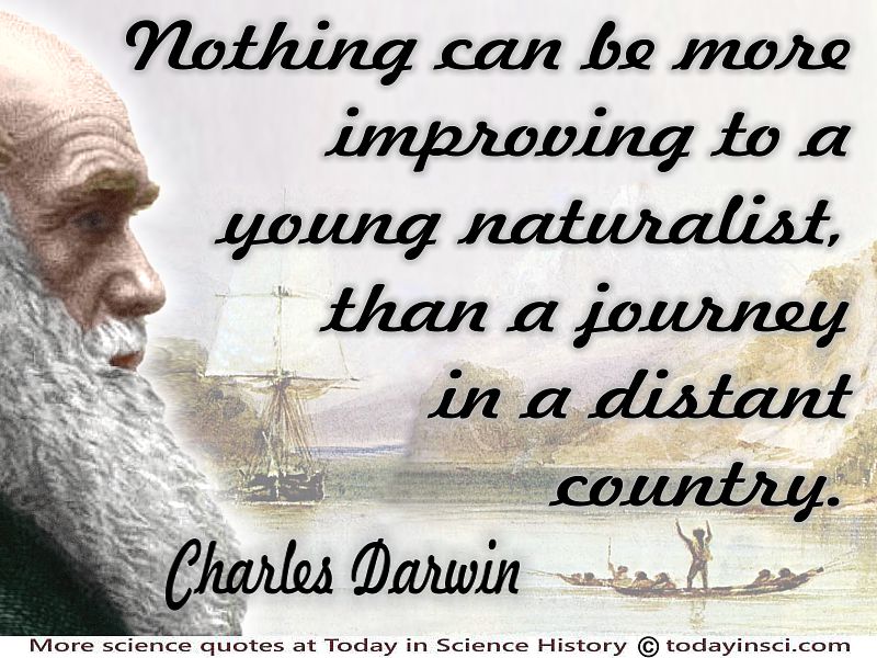 Charles Darwin in color with quote Improving…a young naturalist on Background HMS Beagle in seaways of Tierra del Fuego