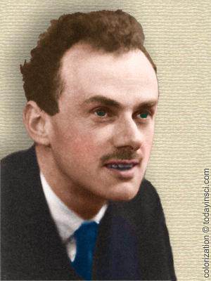 Photo of P.A.M. Dirac, head and shoulders, facing slightly right. Colorization (only) © todayinsci.com