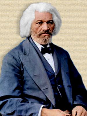 Photo of Frederick Douglass, upper body, seated, facing forward, late in life, white haired.