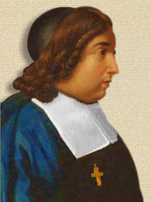 Detail of head & shoulders of JB Du Hamel, facing R, color, from painting Establishment of the Academie des Sciences by Testelin