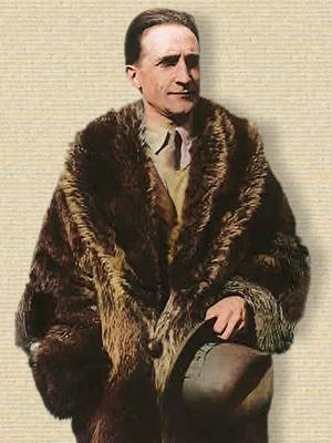 Photo Marcel Duchamp, upper body standing, fur coat, holding hat. Original b/w colorized with help of palette.fm