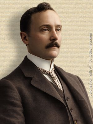 Photo of William Duddell, upper body turned half right. Original b/w colorized with ChatGTP A.I. (260405) by todayinsci