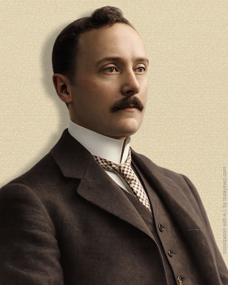 Photo of William Duddell, upper body turned half right. Original b/w colorized with ChatGTP A.I. (260405) by todayinsci