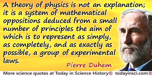 Pierre Duhem quote: A theory of physics is not an explanation; it is a system of mathematical oppositions deduced from a small n