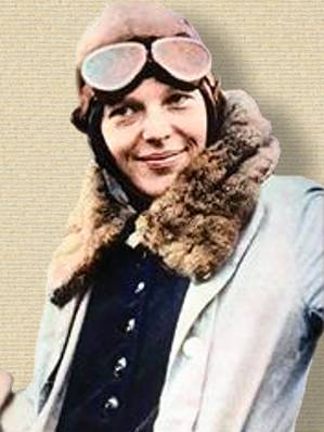 Amelia Earhart in flying jacket and goggles, upper body. Original b/w colorized with help from palette.fm