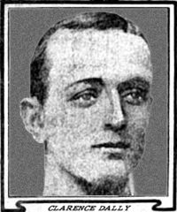 Newspaper low definition photo of Clarence Dally face, facing forward, in captioned frame, b/w