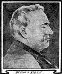Newspaper low definition photo of Thomas Edison head and shoulders, facing right, in captioned frame, b/w