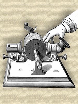 Engraving of Tinfoil Phonograph, invented by Thomas Edison, his first design, as published in Scientific American 22 Dec 1877.