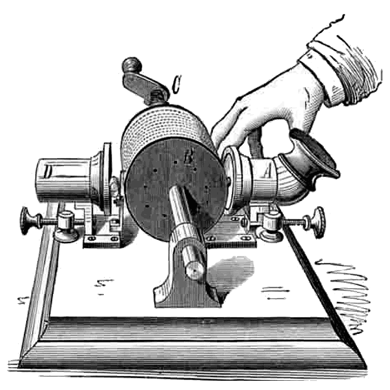 Engraving of Tinfoil Phonograph, invented by Thomas Edison, his first design, as published in Scientific American 22 Dec 1877.