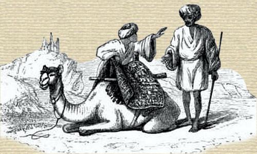 Line art of two men beside a camel with rug over saddle. The camel is knelt to the ground.