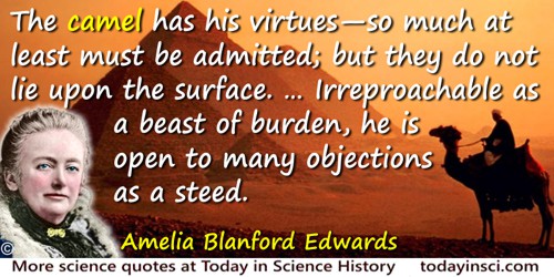 Amelia Blanford Edwards quote: The camel has his virtues—so much at least must be admitted; but they do not lie upon the surface