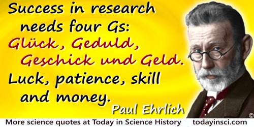 Paul Ehrlich quote: Success in research needs four Gs: Glück, Geduld, Geschick und Geld. Luck, patience, skill and money.