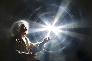 Einstein upper body, facing right, hand raised against light rays background, as imagined by AI (midjourney) prompt by Webmaster