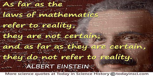 Albert Einstein quote “As far as the laws of mathematics refer to reality” + Einstein notebook mathematics + Einstein face