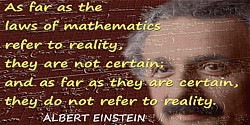 Albert Einstein quote “As far as the laws of mathematics refer to reality” + Einstein notebook mathematics + Einstein face
