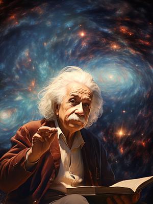Einstein seated holding open book on knees, face front, universe background, as imagined by AI (midjourney) prompt by Webmaster